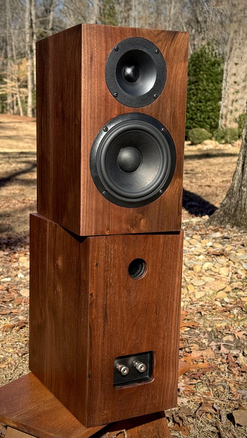 Completed Mechano23 speaker build on a desk